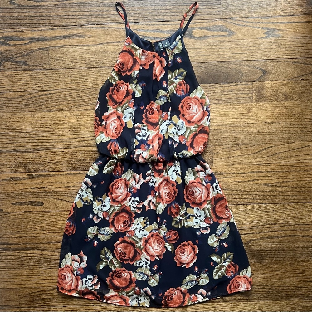 Navy blue dress with rust/terra cotta and sage flowers, size S